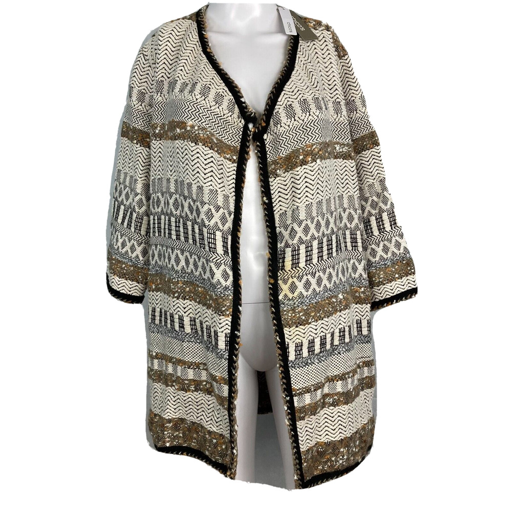 NWT Chicos Cardigan Womens Sz 1 US M Ivory Brown Wool Texture Sweater Jacket